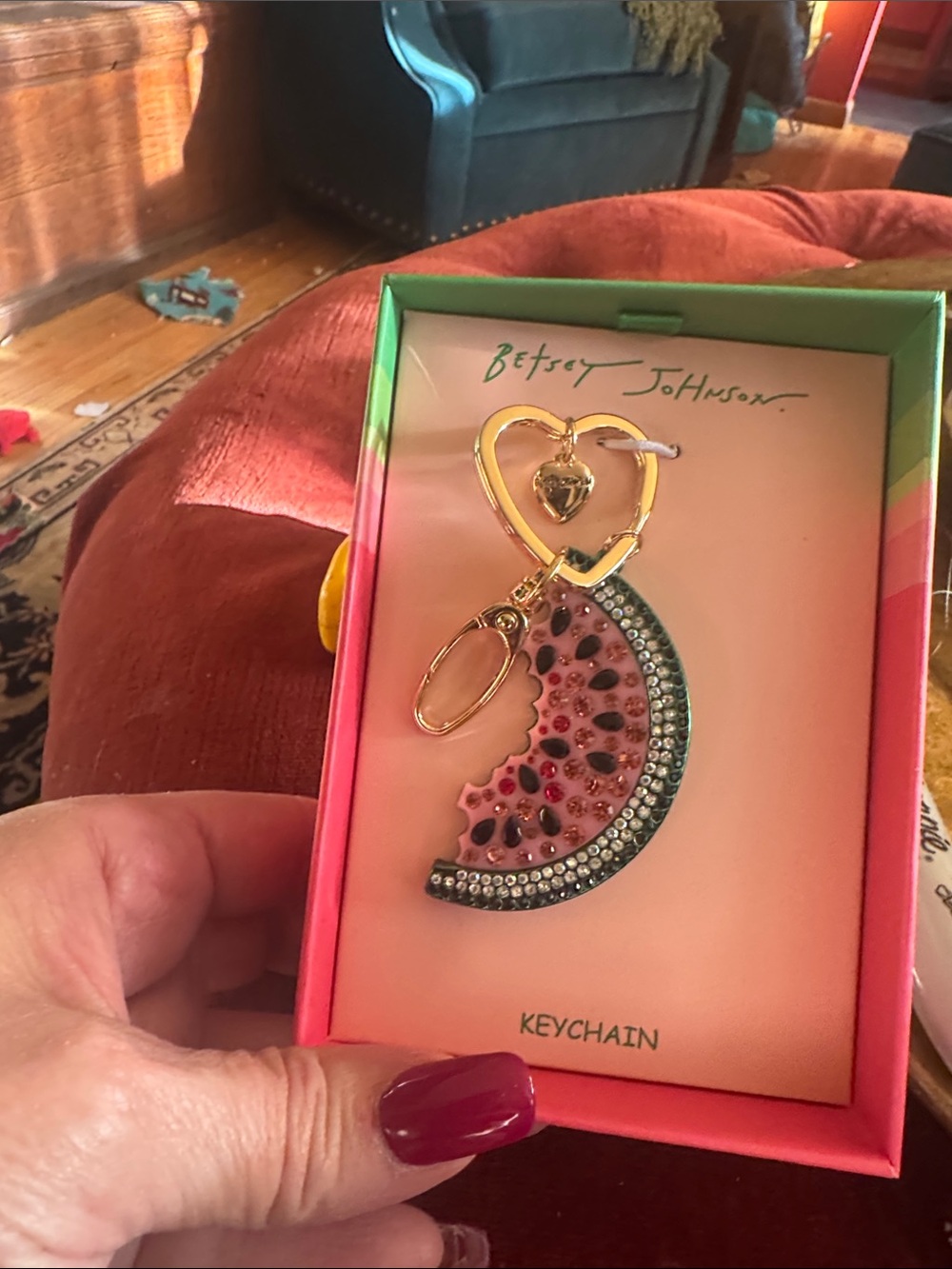 Betsey Johnson Gold Heart & Pink Crystal Crescent Moon Keychain